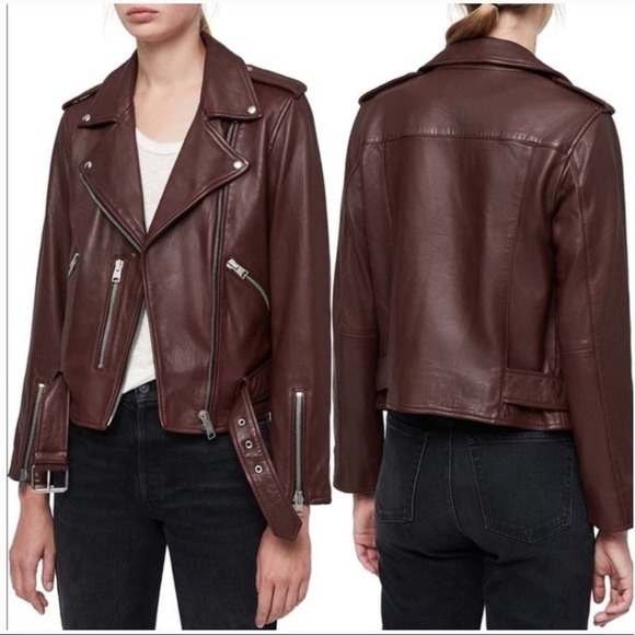 NWT All Saints Balfern Biker Leather Jacket Deep Red Size US 0 - Picture 1 of 12